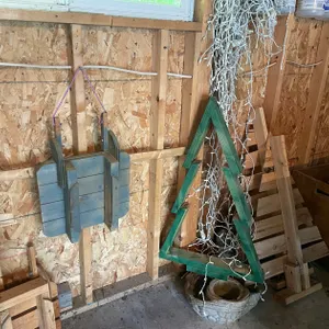 Wooden Christmas Trees, Pail Chairs, Christmas Lights