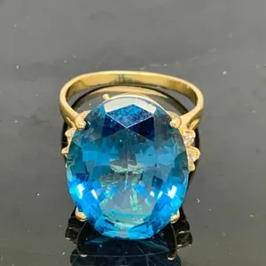 14KT Yellow Gold Large Blue Topaz & Diamond Cocktail Ring