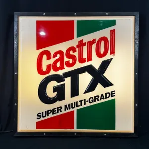 LARGE WOOD ENCASED & IILLUMINATED CASTROL GTX SUPER MULTI-GRADE SIGN 4FT X 4FT X 5IN DEEP