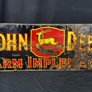 EARLY JOHN DEERE FARM IMPLEMENTS SIGN MOUNTED ON BARNWOOD 6FT X 2FT