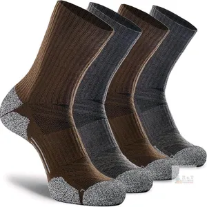 New Size XL Unisex 4-Pack - Brown/Grey -  CWVLC Crew Hiking Socks, Cushion, Moisture Wicking, Arch Compression Boot Socks