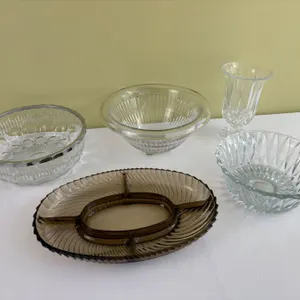 Various Crystal Serving Bowls with Vase and Brown Tray