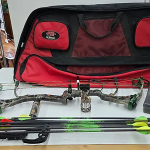 Bear archery compound RH bow with sight, arrow rest, counter weight, 4 hunting arrows, 7 target arro