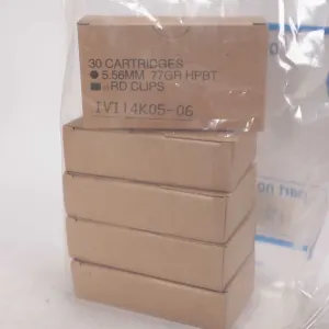 Five full 30 count boxes of 5.56 mm 77 gr HPBT