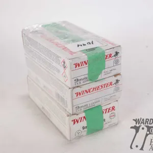 Three full 50 count boxes Winchester 9mm 115 gr FMJ