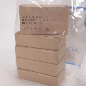 Five full 30 count boxes of 5.56 mm 77 gr HPBT