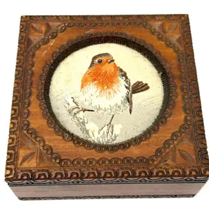 Vintage Carved Wood Jewelry Box with Bird Cloth