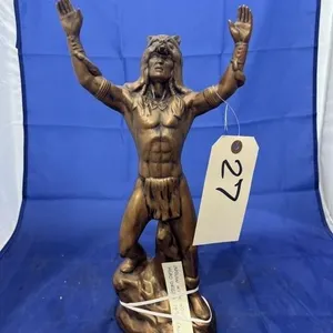 Metal Indian w/Wolf Headdress Statue