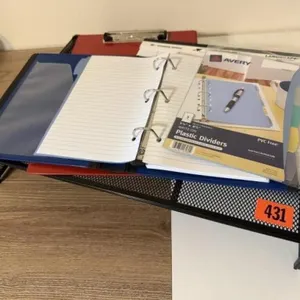 Desk riser, clipboard, office supplies