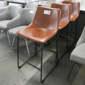 (3) Brown Faux Leather Bar Stools, Metal Base