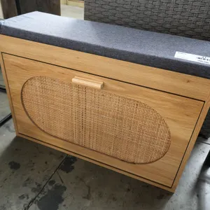 Wood and Rattan Flip-Down Shoe Storage Bench with Gray Cushion, 29” x 9.5”
