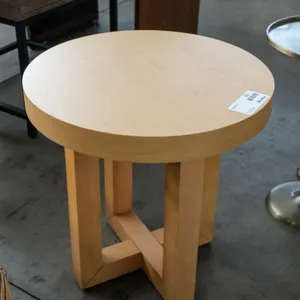 Light Wood Round Side Table With Geometric Base, 22”