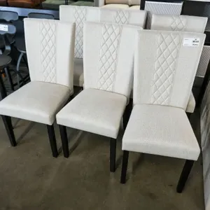 (6) Upholstered Dining Chairs, Diamond Stitch, Light Beige Fabric, Black Legs