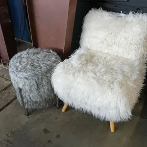 Faux Fur Accent Chair and Ottoman Set, Wood and Metal Legs