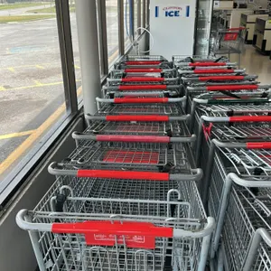 Assorted metal wire grocery shopping carts. Includes standard-size nested shopping carts with red handles and integrated child seats, and smaller cart
