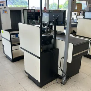 Laminate checkout lane. Features a white laminate body with black trim, a 3' motorized conveyor belt, scanner and scale well, and cash register platfo