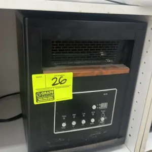 Portable infrared personal space heater. Features digital control panel with LED temperature display, timer, mode selection (High, Low, Eco), and wood