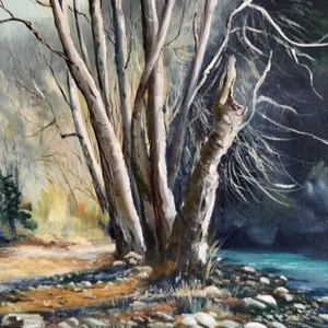 Oil on canvas landscape painting by Dolly Sellars, depicting a forest scene with a rocky stream and 
