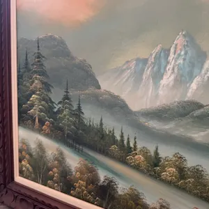 Oil painting depicting a mountainous landscape with pine trees and a winding path, presented in a ca
