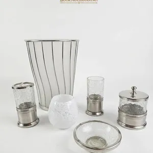 5 Piece Crackled Glass Washroom Set, Vase,Gar