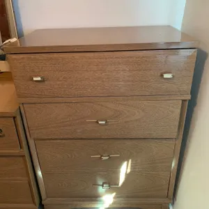 Mid-Century Wooden Dresser With Brass Accents and Drop-Front Drawer