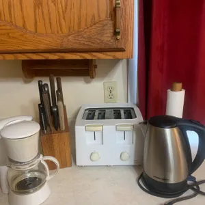 Kitchen Appliance and Accessory Lot with Toaster, Electric Kettle, Coffee Maker, Knife Block