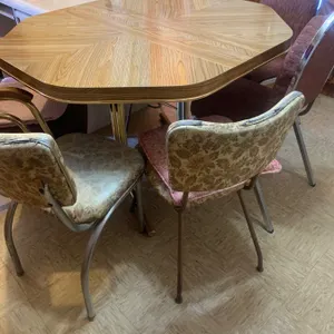 Mid-Century Style Dining Table with Wood Veneer Top and Mixed Upholstery Chairs