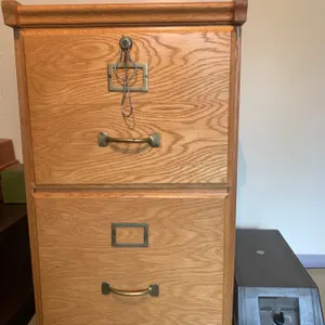 Oak Two-Drawer File Cabinet with Brass Hardware and Key