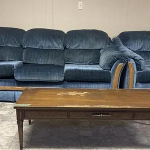 Vintage Blue Couch & Club Chair With Wooden
