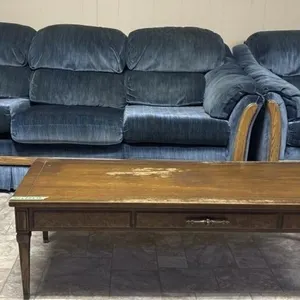 Vintage Blue Couch & Club Chair With Wooden