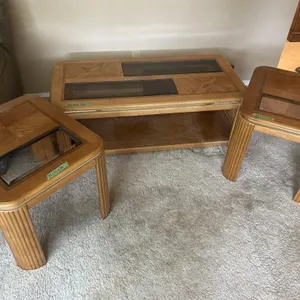 Vintage Oak Tables with Glass Inserts, Brass Trim