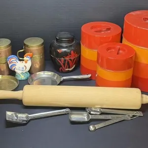 Vintage Tin Canister Set, Rolling Pin, Measuring