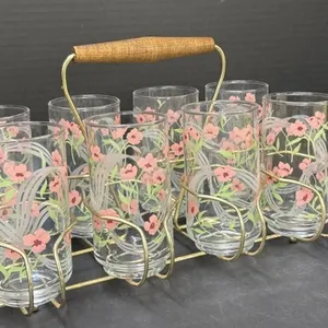 Vintage Flower Glass Cups & Holder - Full Set Of