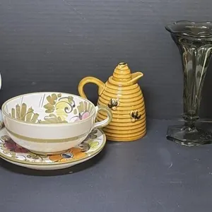 Vintage Honey Pot, Hand Painted Cup with Saucer,