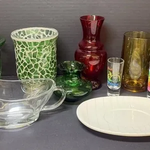 Anchor Hocking Gravy Boat, Vases, Shot Glasses