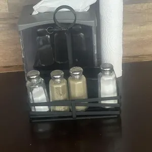 Salt and pepper, stand napkin, holder, and paper