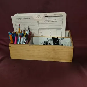 Assorted Office Supplies with Wood Desk Organizer and Employee Forms