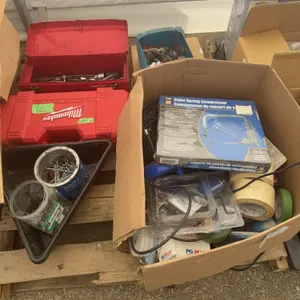 Mixed Tools & Hardware Lot – Toolboxes, Hand Tools, Fasteners & Automotive Equipment