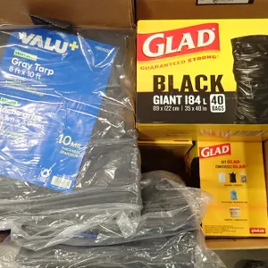 Lot of (4) Boxes Glad Black Giant Garbage Bags and (3) Heavy Duty 8'x4' Tarps.