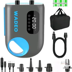 New WADEO 20 PSI High Pressure Rechargeable SUP Air Pump, LCD PSI Display, 5 Nozzle Tips, Powers Via Car Outlet or USB-C, Electric Pump for Paddle Boa