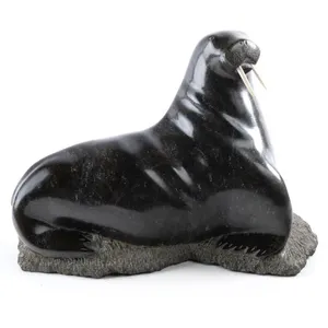 PEA MICHEAL CARVED INUIT STONE WALRUS 11" SIGNED