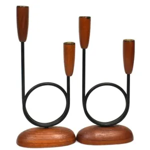 PAIR MCM TEAK AND BLACK METAL CANDLE HOLDERS