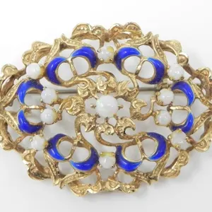 14KT GOLD BLUE ENAMEL & OPAL BROOCH $3400