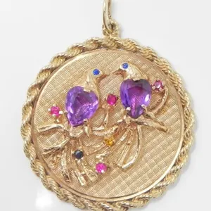 14KT GOLD LOVEBIRDS PRECIOUS STONE PENDANT $3250
