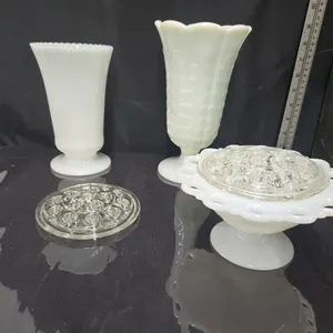 Milk Glass Vases (3), includes 1 Flower Frog