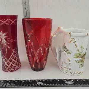 Porcelain Puzzle Beer Stein,  Ruby red crystal vases (2)