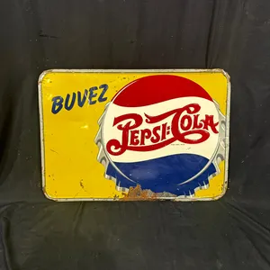 VINTAGE FRENCH-CANADIAN "BUVEZ PEPSI-COLA" EMBOSSED METAL SIGN 2FT X 1FT
