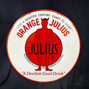 VINTAGE ORANGE JULIUS PORCELAIN DOUBLE-SIDED SIGN 30IN DIAMETER