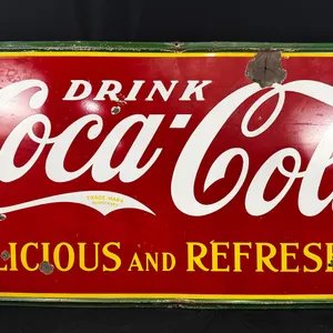 HUGE ORIGINAL 1936 COCA-COLA PORCELAIN SIGN - "DELCIOUS & REFRESHING" 8FT X 4FT