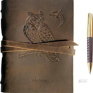 New OWL Design Genuine Buffalo Leather Journal - Embossed Wisdom Owl | 300 Pages A5 Handmade Travel Diary, Vintage Writing Bound Notebook Antique Soft